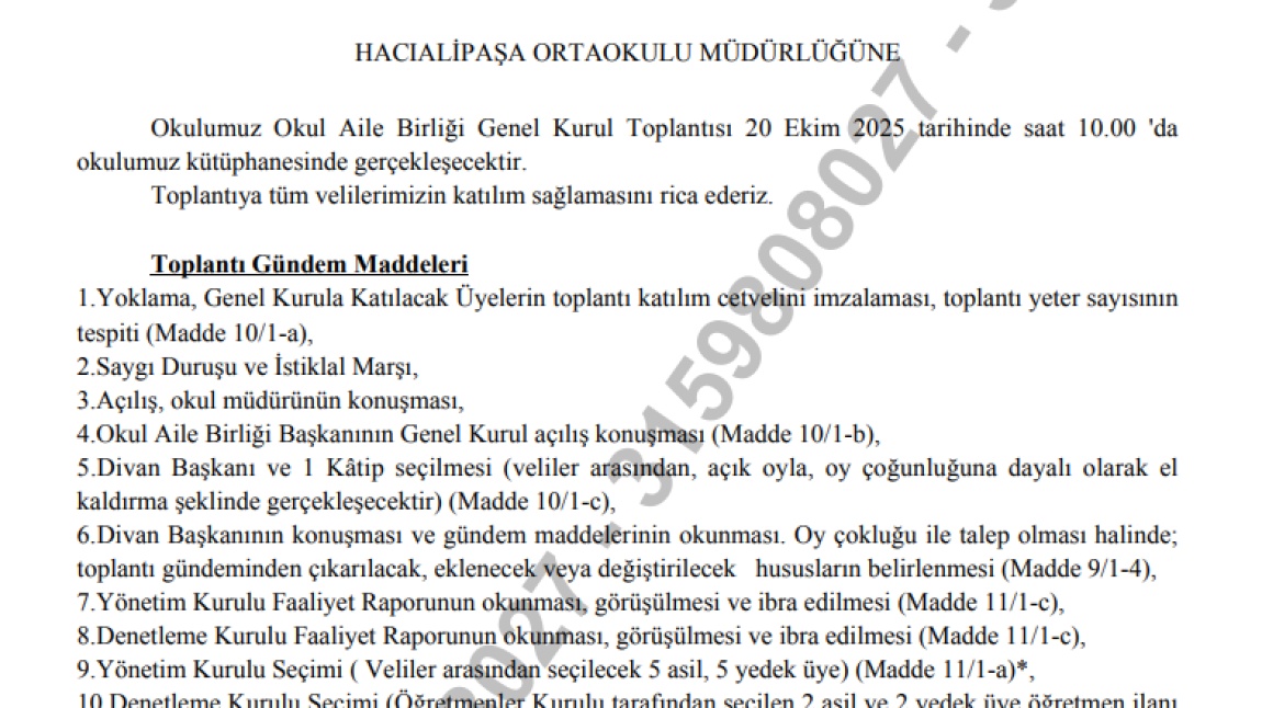 2025-2026 EĞİTİM ÖĞRETİM YILI OKUL AİLE BİRLİĞİ GENEL KURUL TOPLANTISI